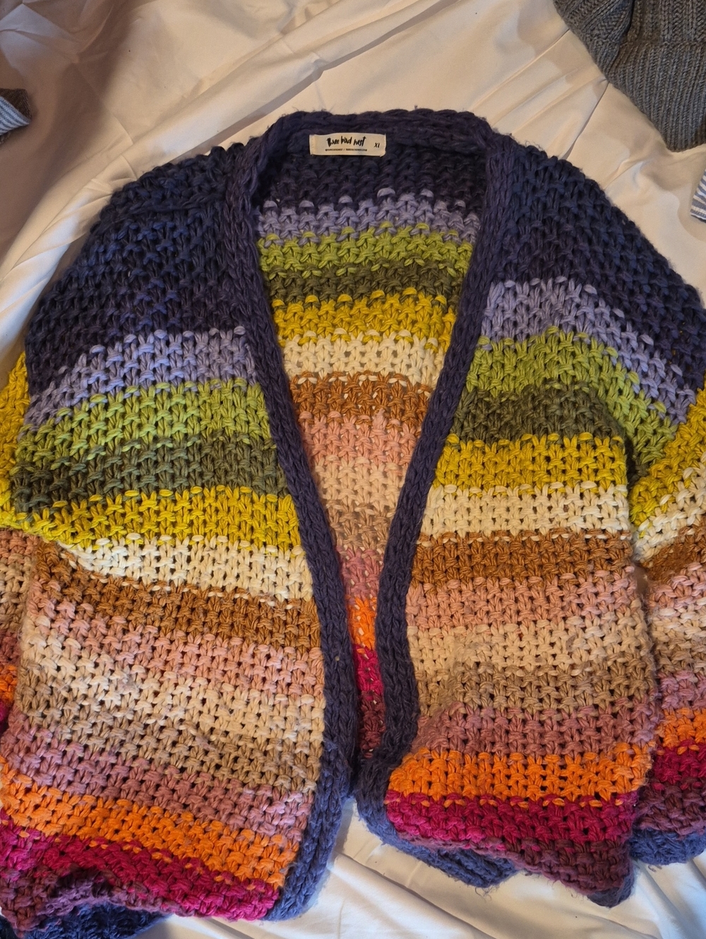Three Bird Nest Multicolor Striped Chunky Knit Cardigan - Purple Trim